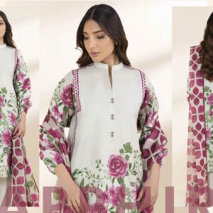 3pc-Printed Lawn Shirt & Trouser – Printed Voile Dupatta