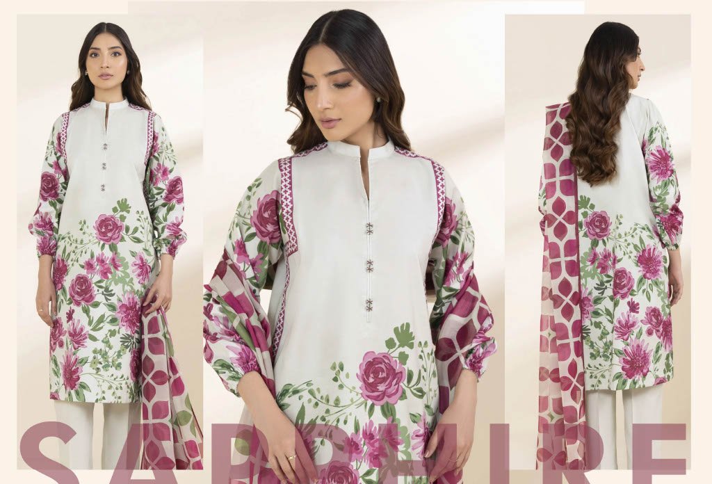 3pc-Printed Lawn Shirt & Trouser - Printed Voile Dupatta