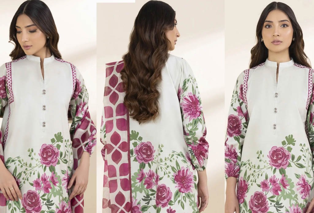 3pc-Printed Lawn Shirt & Trouser - Printed Voile Dupatta