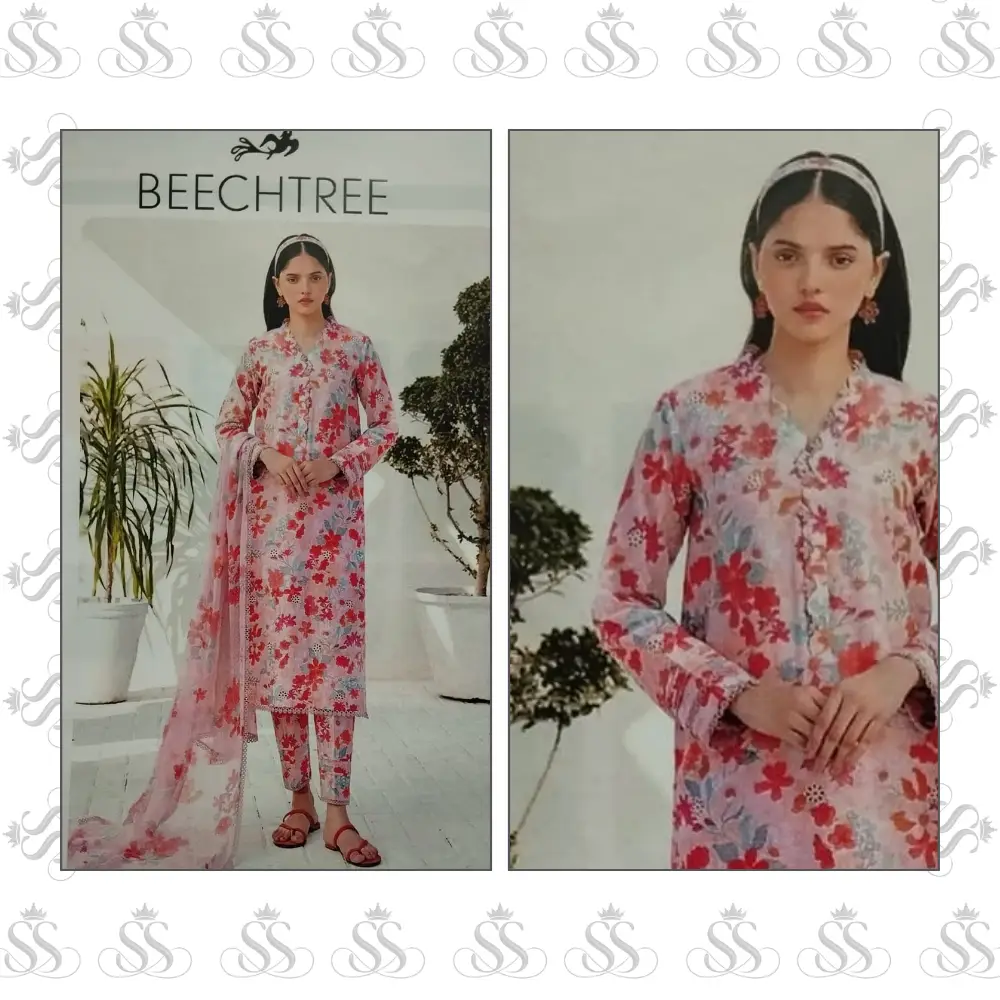 Beechtree-3pc Lawn Digital Print Bana Dora Shirt & Trouser - Digital Print Voile Dupatta