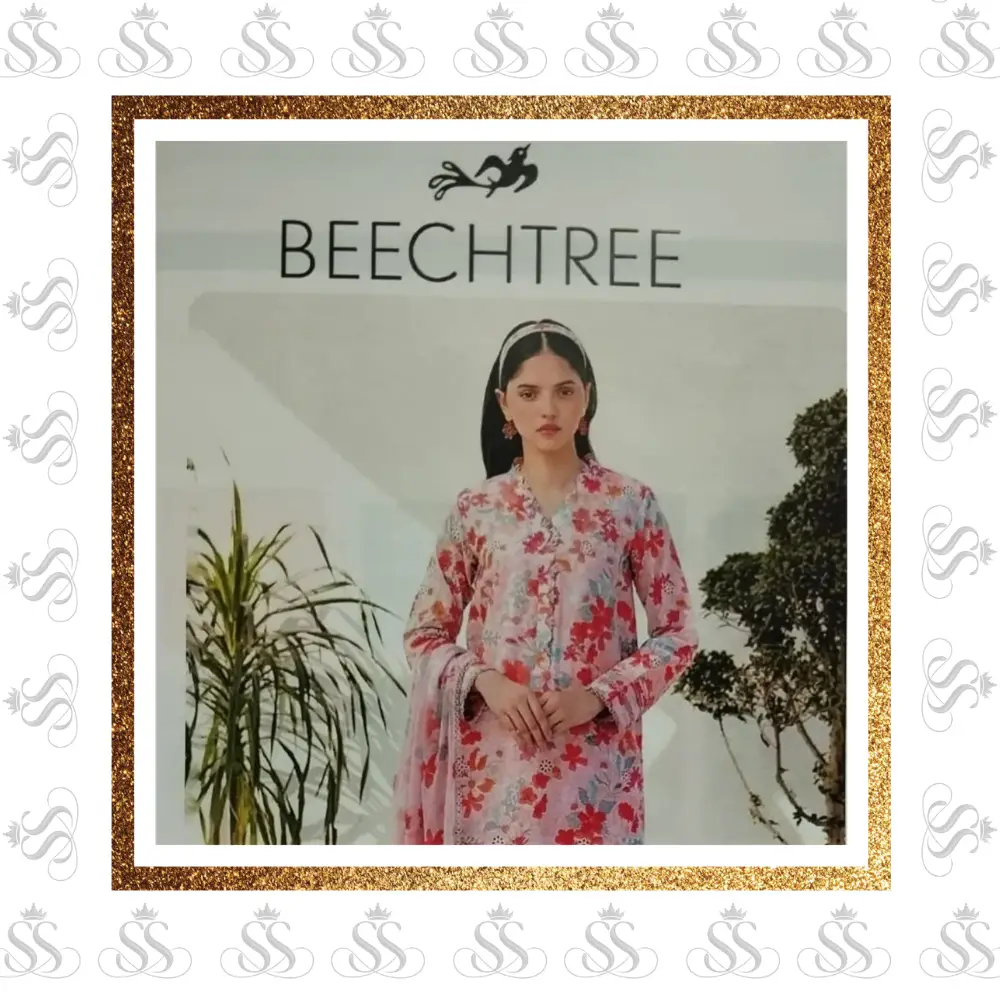 Beechtree-3pc Lawn Digital Print Bana Dora Shirt & Trouser - Digital Print Voile Dupatta