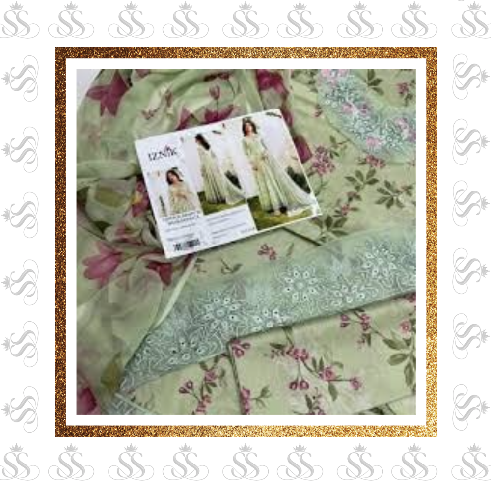 Iznik-3pc Printed Chikankari Lawn - Ready To Wear Chiffon Duppatta