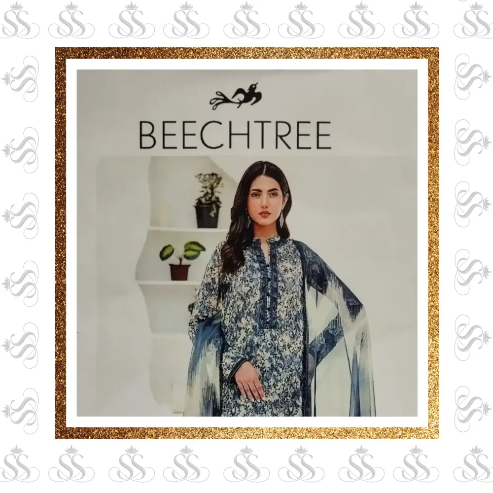 Beechtree-3pc Lawn Digital Print Bana Dora Shirt & Trouser - Digital Print Voile Dupatta