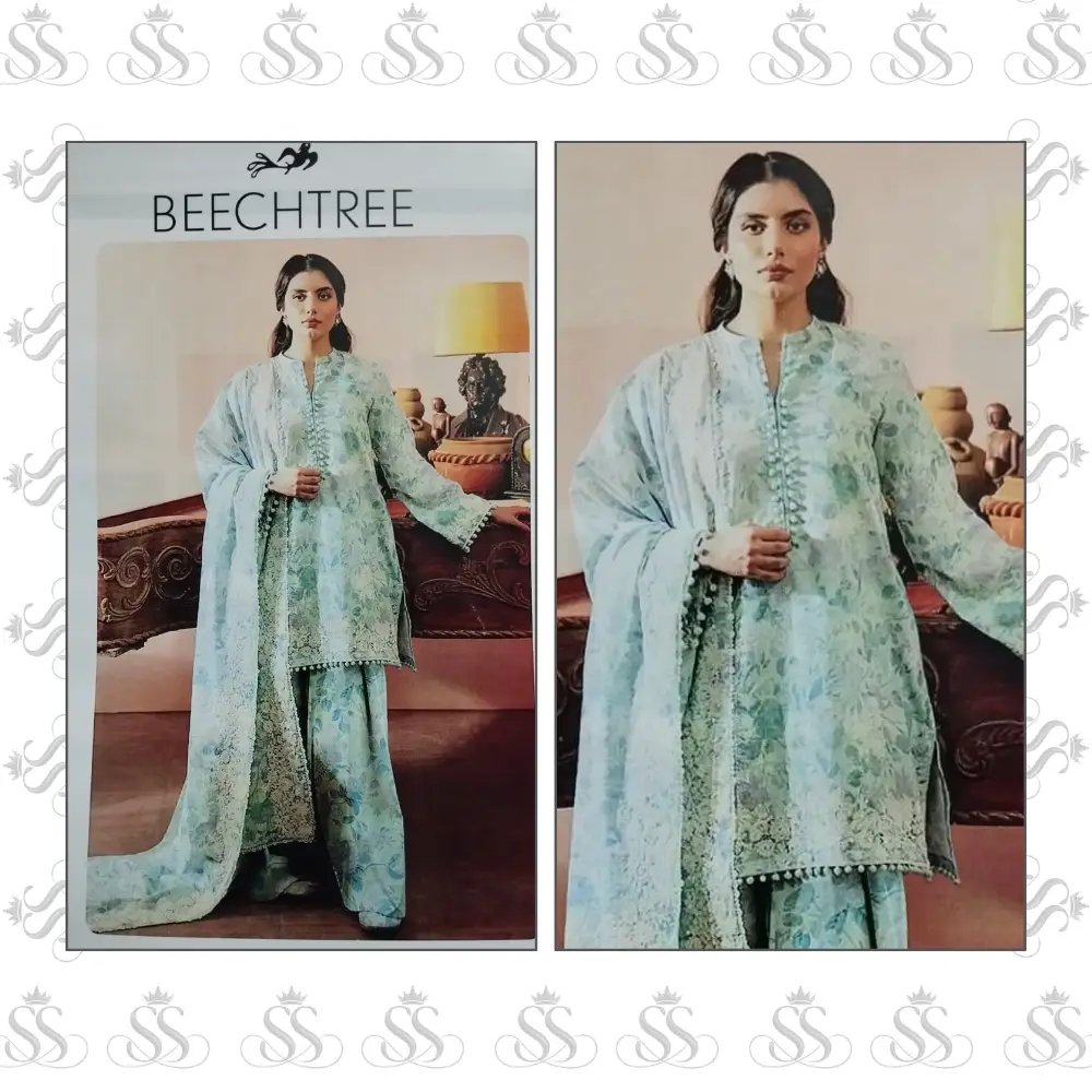 Beechtree-3pc Lawn Digital Print Bana Dora Shirt & Trouser - Digital Print Voile Dupatta