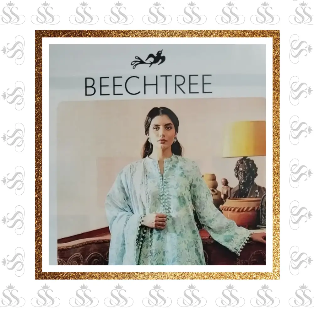 Beechtree-3pc Lawn Digital Print Bana Dora Shirt & Trouser - Digital Print Voile Dupatta