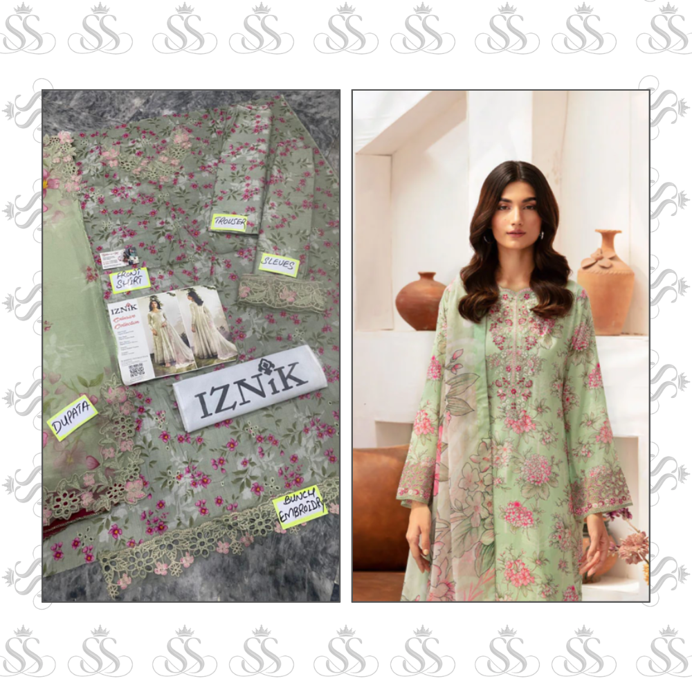 Iznik-3pc Printed Chikankari Lawn - Ready To Wear Chiffon Duppatta