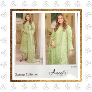 3pc-Pista Green With Chikankari Embroidered – Ready To Wear Cotton Net Dupatta