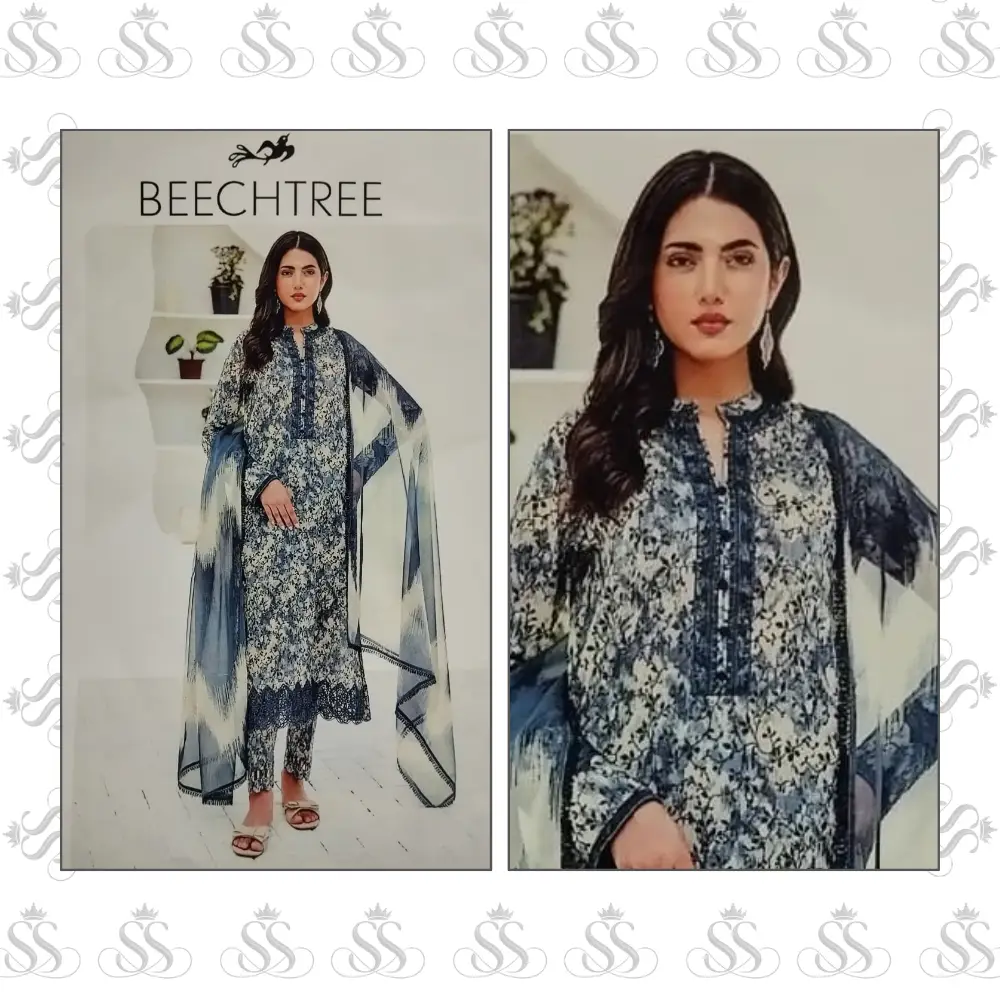 Beechtree-3pc Lawn Digital Print Bana Dora Shirt & Trouser - Digital Print Voile Dupatta