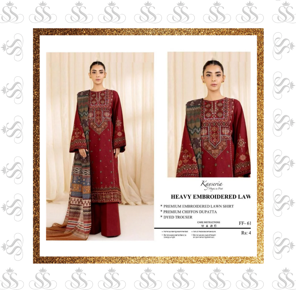 Kayseria-3pc Lawn Embroidered Shirt & Dyed Trouser - Voile Bana Dora Printed Dupatta