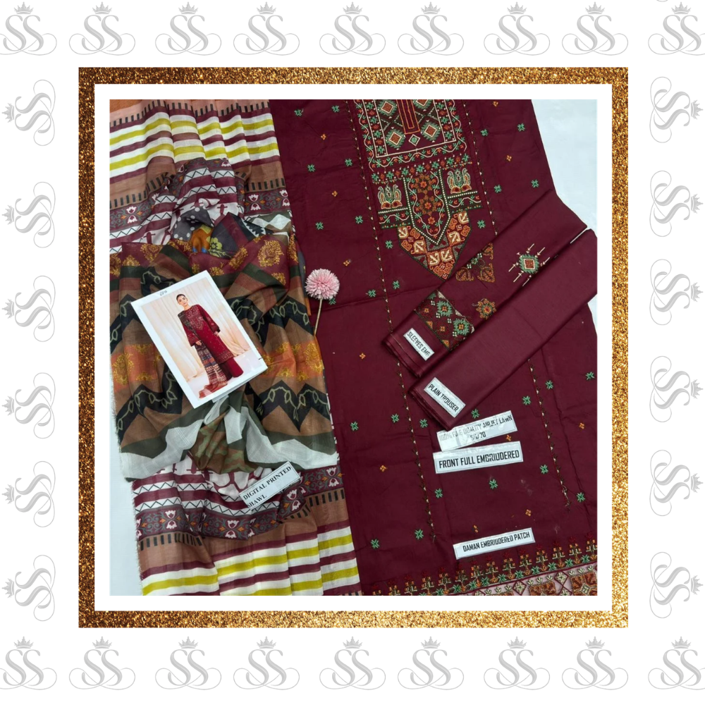 Kayseria-3pc Lawn Embroidered Shirt & Dyed Trouser - Voile Bana Dora Printed Dupatta