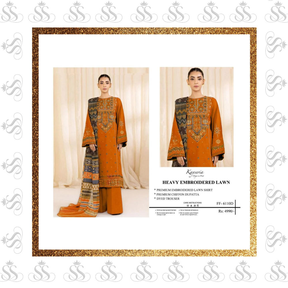 Kayseria-3pc Lawn Embroidered Shirt & Dyed Trouser - Voile Bana Dora Printed Dupatta