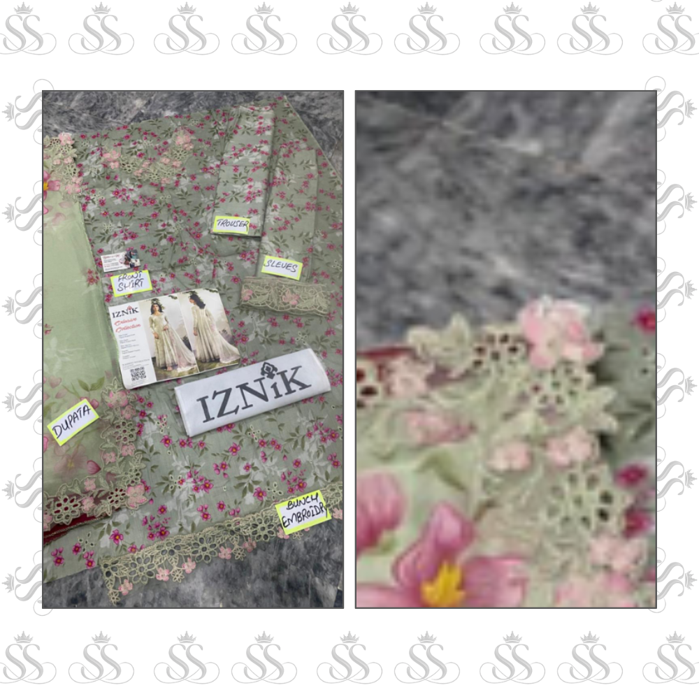 Iznik-3pc Printed Chikankari Lawn - Ready To Wear Chiffon Duppatta