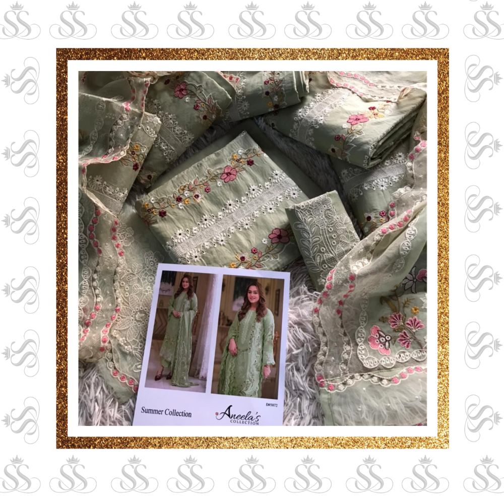 3pc-Pista Green With Chikankari Embroidered - Ready To Wear Cotton Net Dupatta