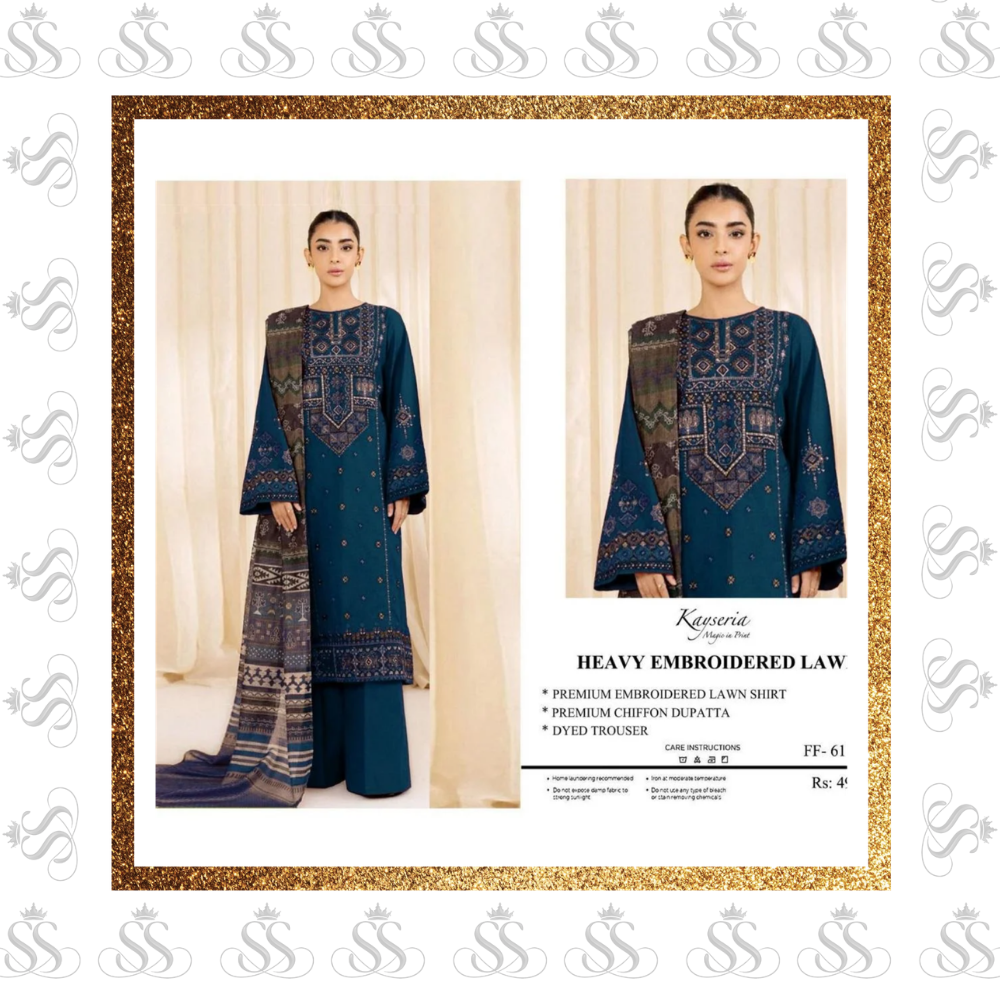 Kayseria-3pc Lawn Embroidered Shirt & Dyed Trouser - Voile Bana Dora Printed Dupatta