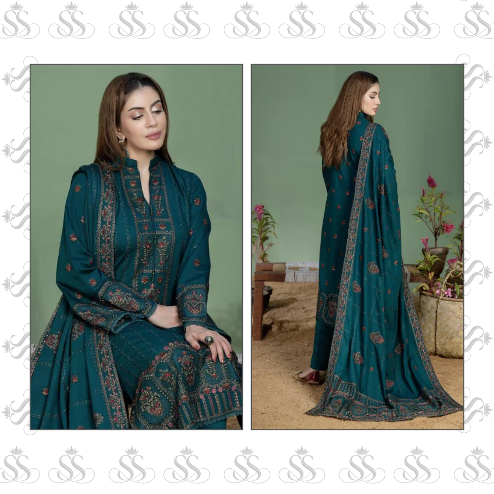 Mohagni-3pc Winter Dress With Thread Embroidered - Ready To Wear Dhanak Shawl