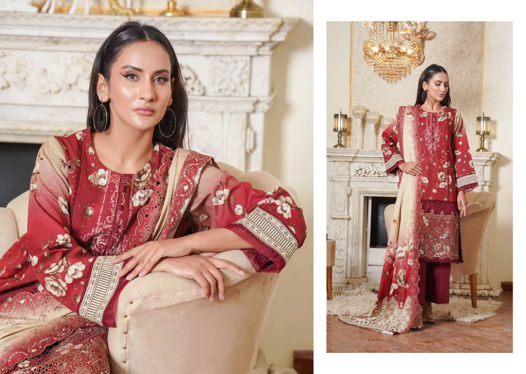 NOURA – Ruby Red 3PC Chikankari Lawn Suit | Regal Floral Charm