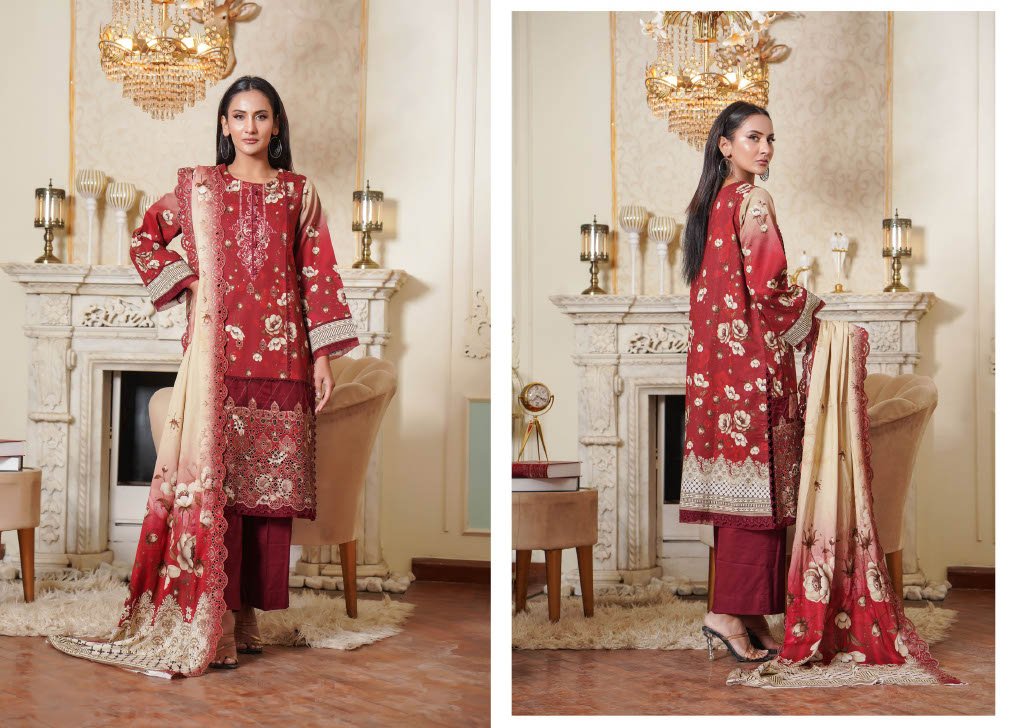NOURA – Ruby Red 3PC Chikankari Lawn Suit | Regal Floral Charm