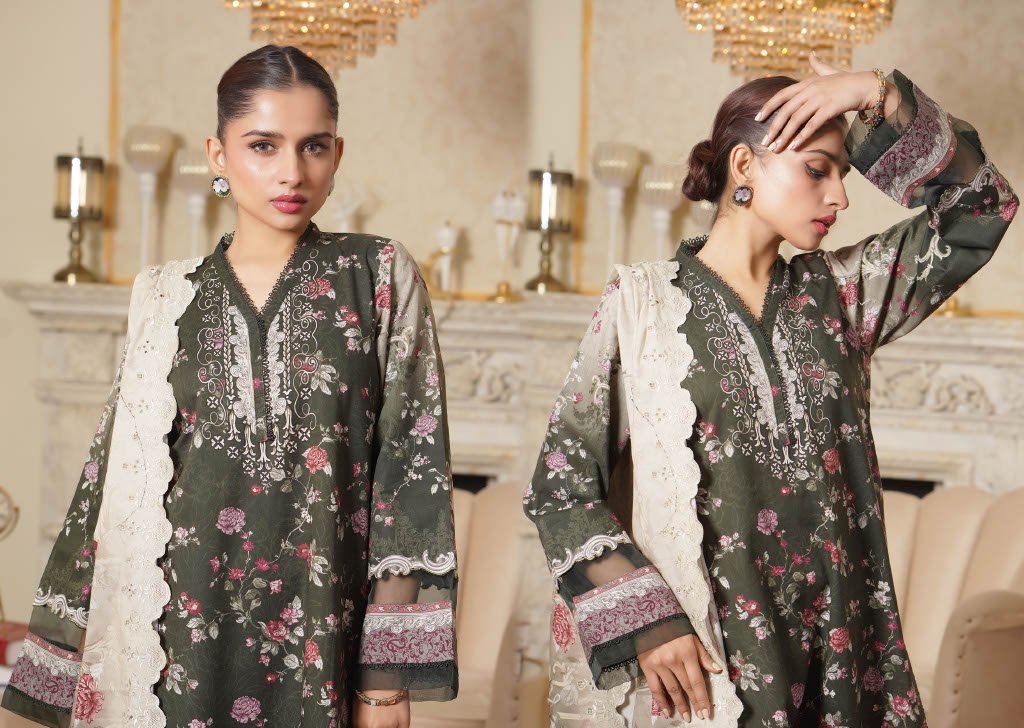 NOURA – Emerald Olive 3PC Chikankari Lawn Suit