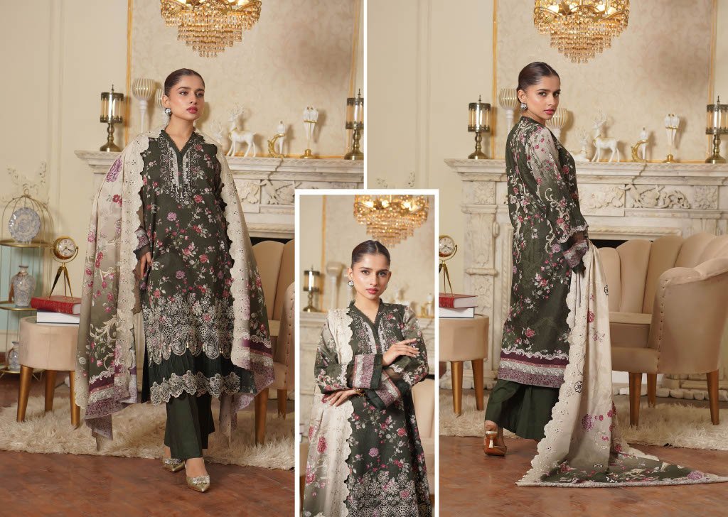 NOURA – Emerald Olive 3PC Chikankari Lawn Suit