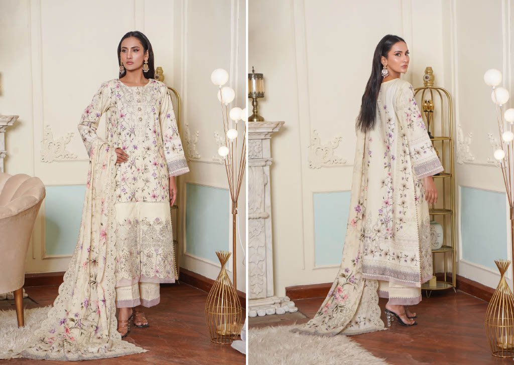 NOURA – Emerald Olive | Grace in Bloom (3PC Chikankari Lawn Suit)