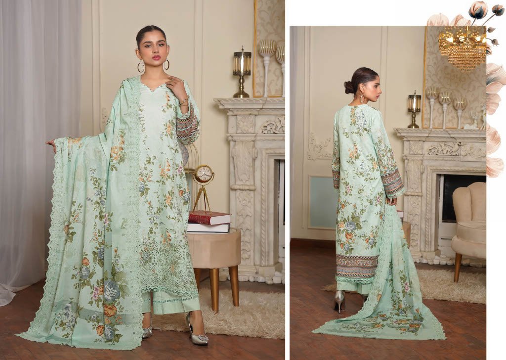 NOURA Mint Garden 3PC Chikankari Lawn Suit 3PC – Pastel Floral Embroidered Ensemble