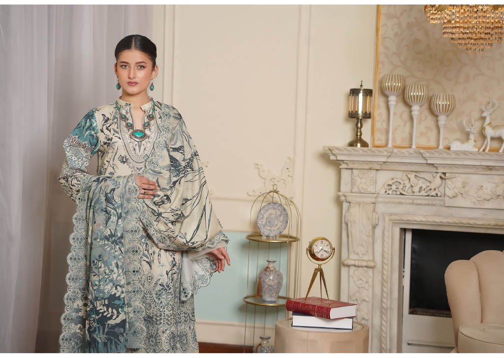 NOURA – Sage Ivory 3PC Chikankari Lawn Suit | Intricate Botanical Elegance