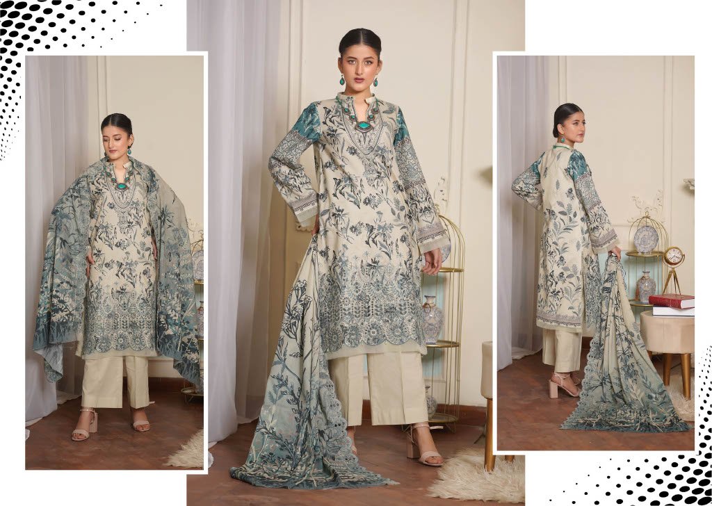 NOURA – Sage Ivory 3PC Chikankari Lawn Suit | Intricate Botanical Elegance