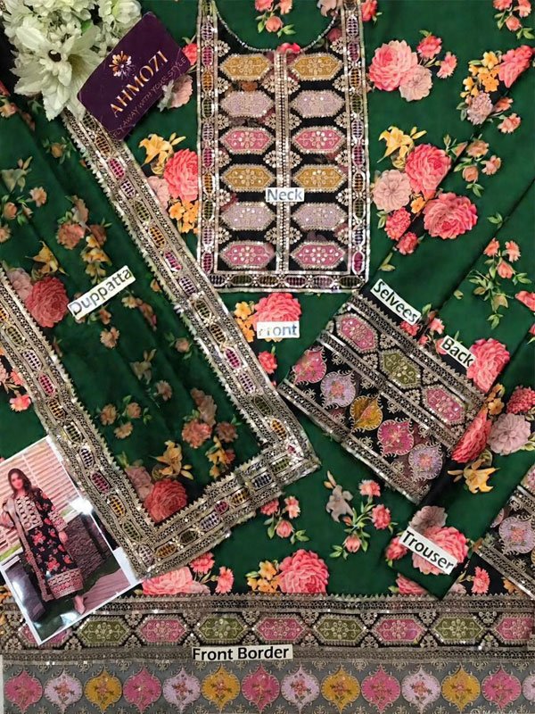 3pc-Shamoze Silk Heavy Embroidered Neckline & Patches - Digital Printed Silk Dupatta