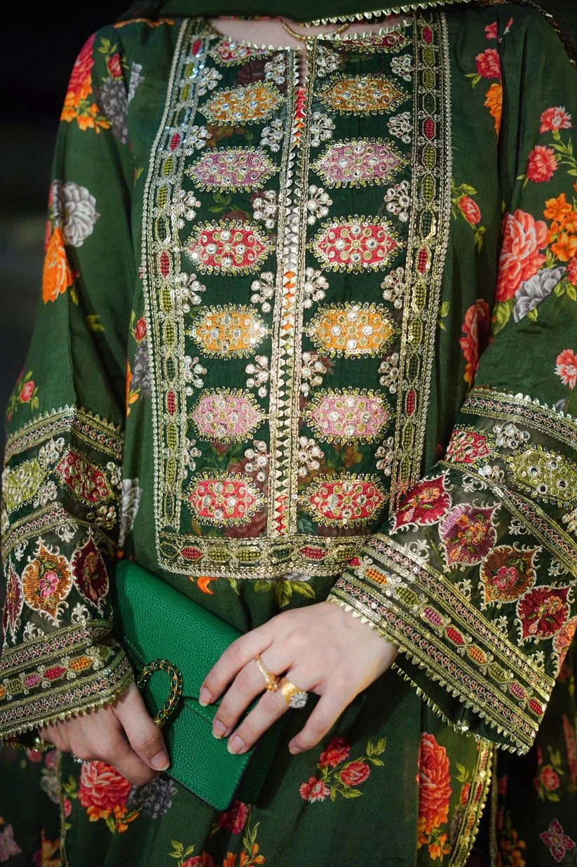 3pc-Shamoze Silk Heavy Embroidered Neckline & Patches - Digital Printed Silk Dupatta