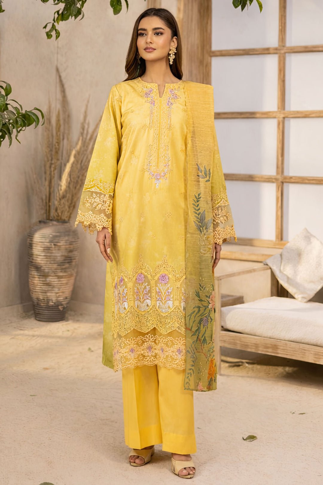 Amal – Honey Gold 3-Piece Embroidered Lawn Suit with Printed Munnar Dupatta