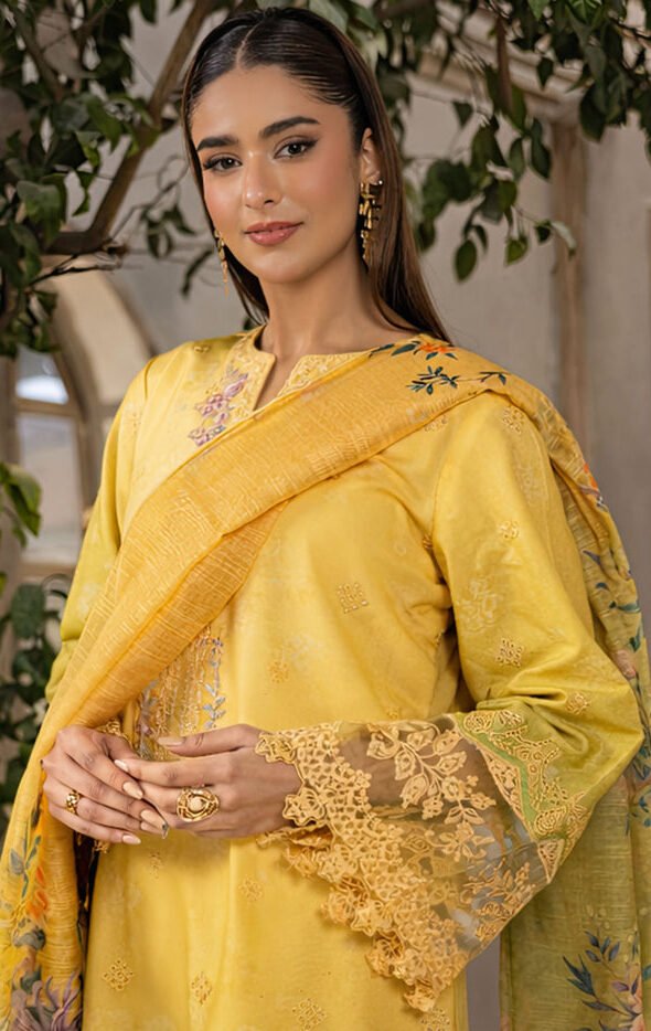 Amal – Honey Gold 3-Piece Embroidered Lawn Suit with Printed Munnar Dupatta