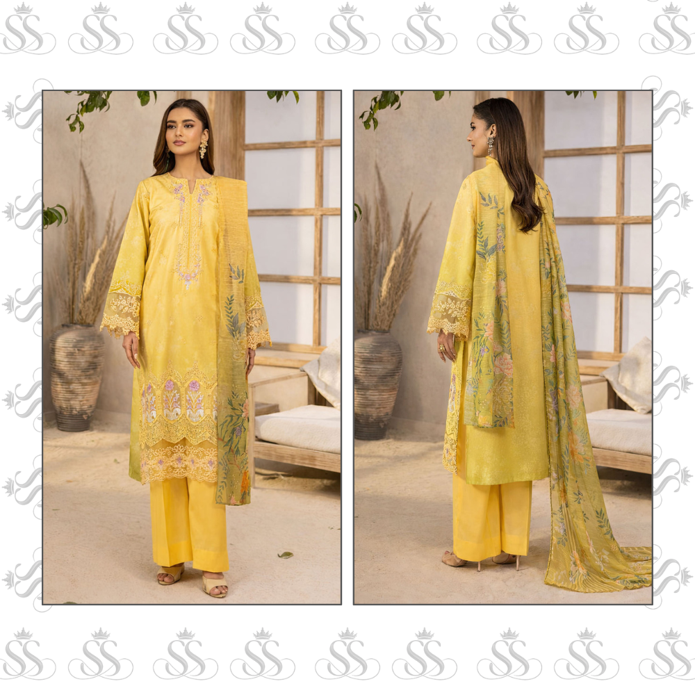 Amal – Honey Gold 3-Piece Embroidered Lawn Suit with Printed Munnar Dupatta